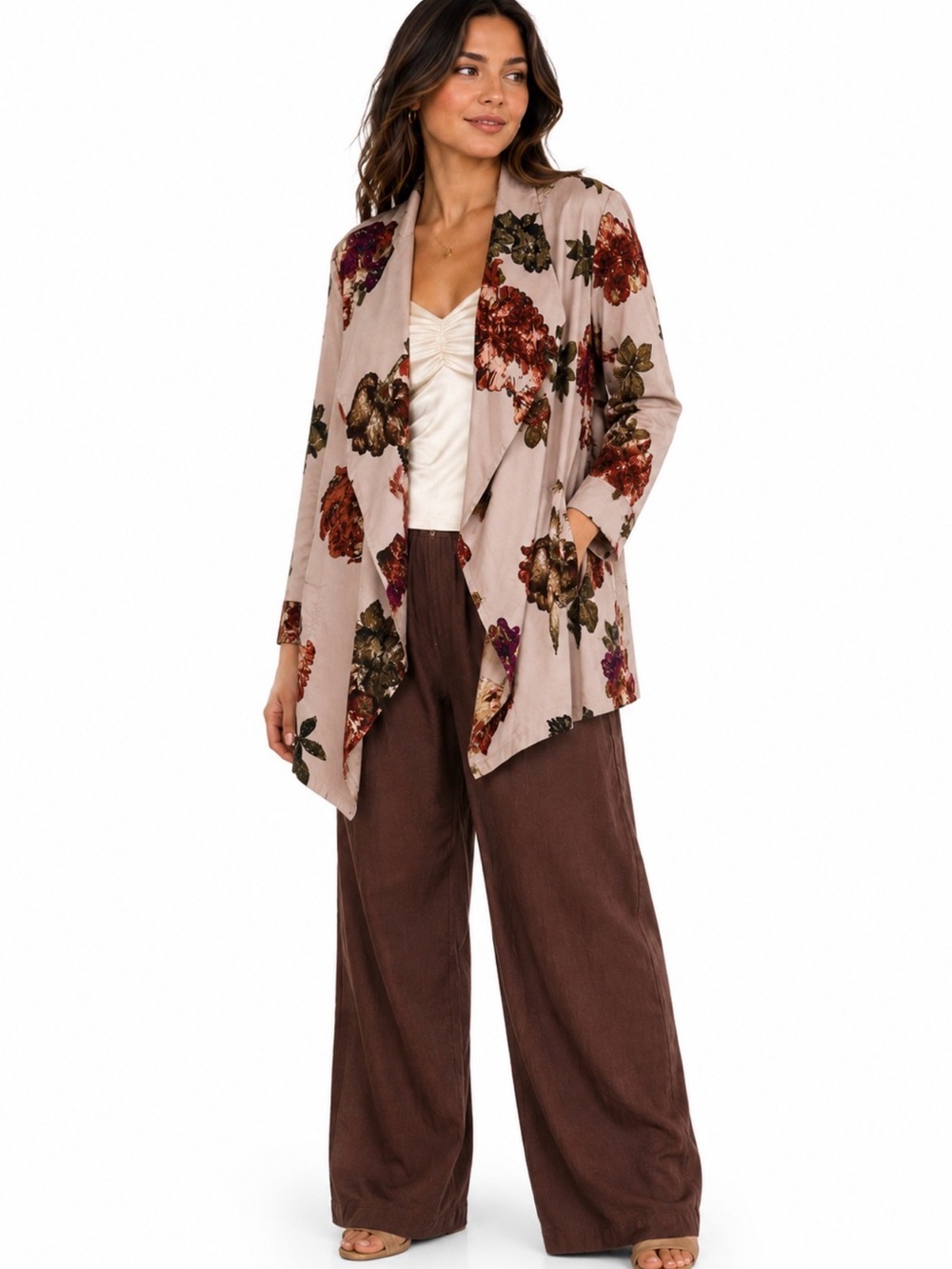 Chico's Blush Pink Floral Draped Open Cardigan